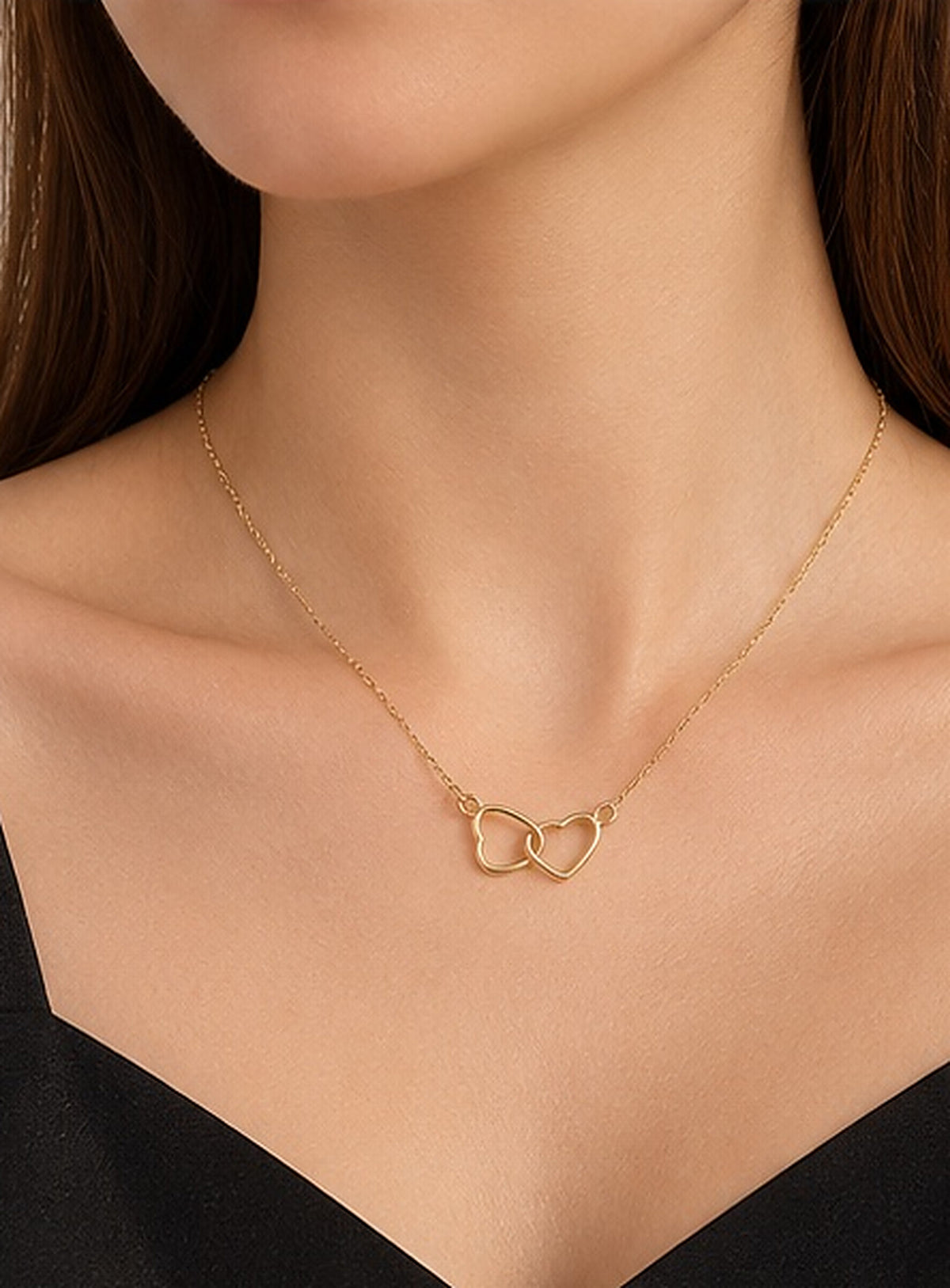Collar doble corazón entrelazado oro, vista 3